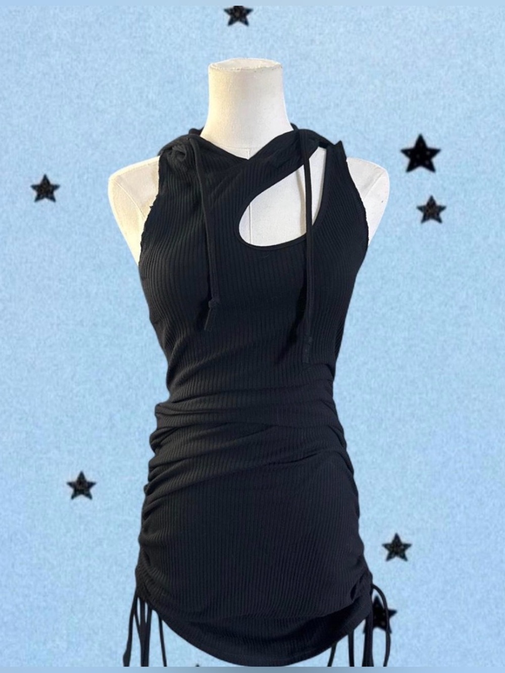 Asymmetric Cutout Black Ribbed Hoodie Dress Dolls Kill